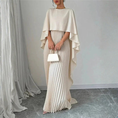 Elegant Pleated Kaftan Maxi Dress for Women with High Neck Cape Sleeve Flowing Style