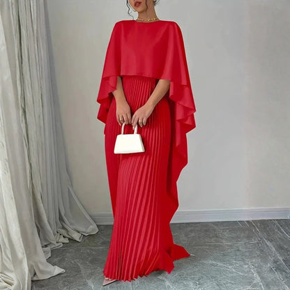 Elegant Pleated Kaftan Maxi Dress for Women with High Neck Cape Sleeve Flowing Style