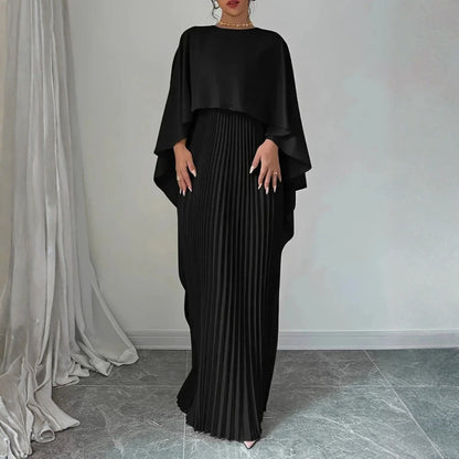 Elegant Pleated Kaftan Maxi Dress for Women with High Neck Cape Sleeve Flowing Style