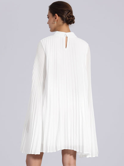 Elegant White Mini Dress for Women with Cape Sleeve Pleated Flowing Style