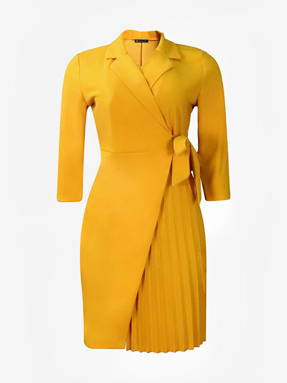 Elegant Wrap Mini Dress for Women with Collar Elbow Sleeve Pleated Tie Waist