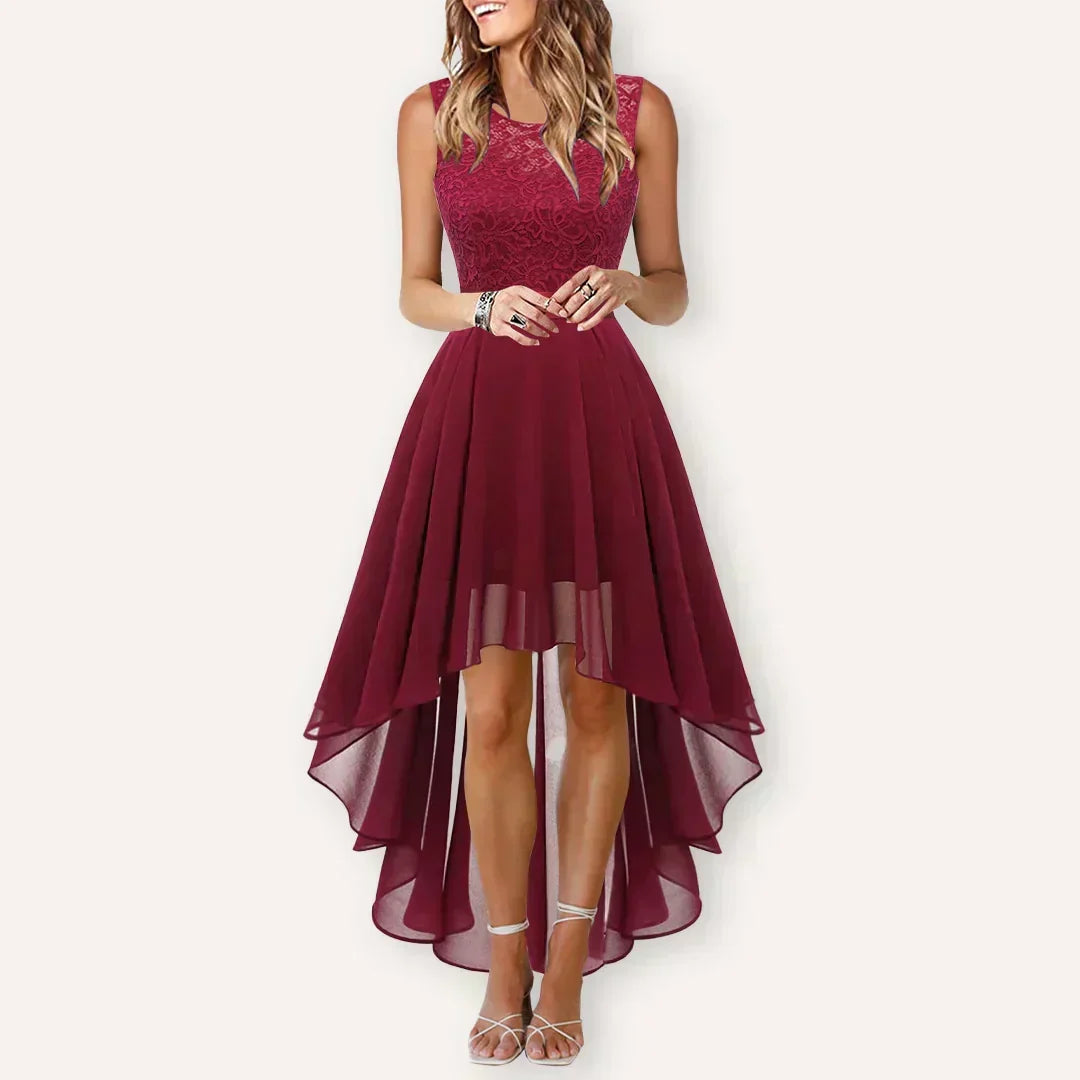 Elegant Lace High Low Dress for Women with Round Neck Sleeveless A Line Cocktail Style