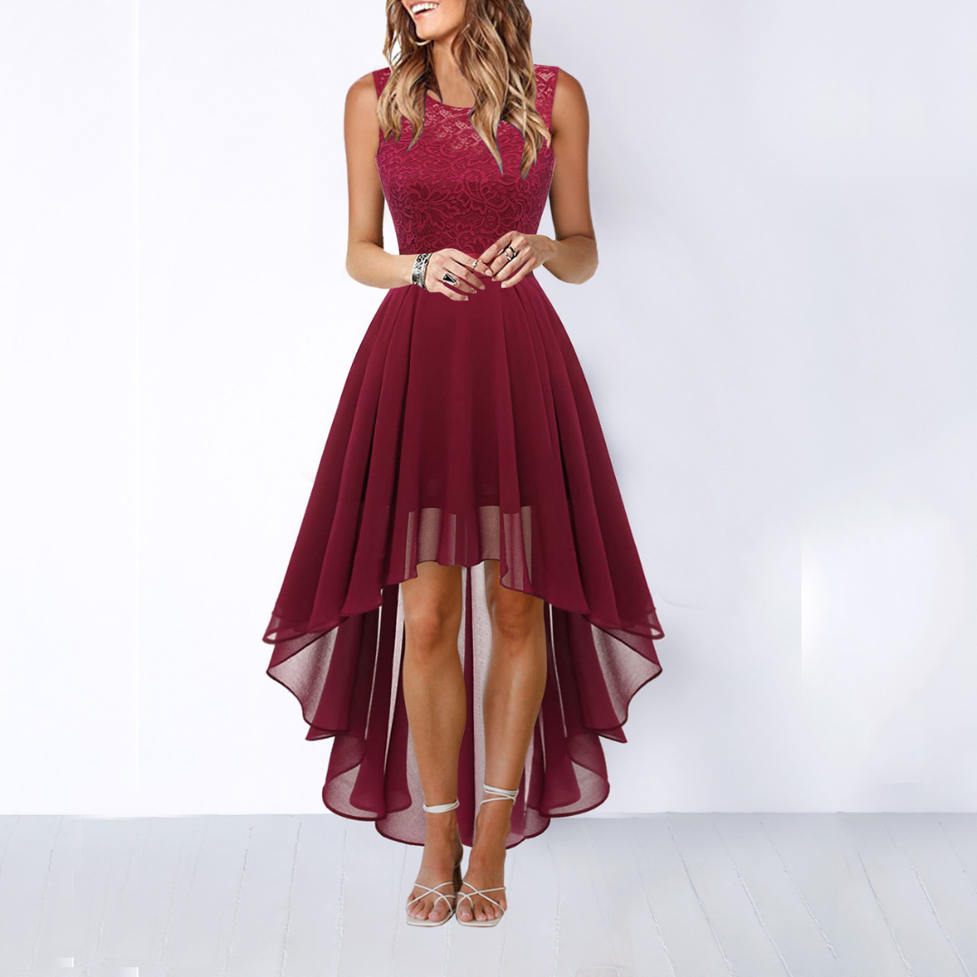 Elegant Lace High Low Dress for Women with Round Neck Sleeveless A Line Cocktail Style
