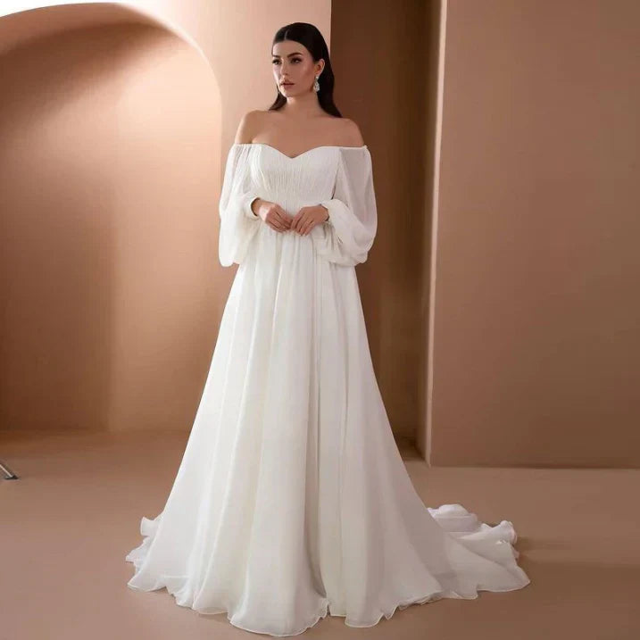 Elegant White Wedding Dress for Women with Off Shoulder Sweetheart Bishop Sleeve Ruched A Line Style