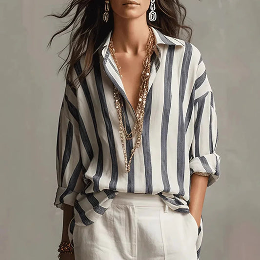 Effortless Striped Blouse for Women with Collar Long Sleeve Relaxed Oversized Casual Style