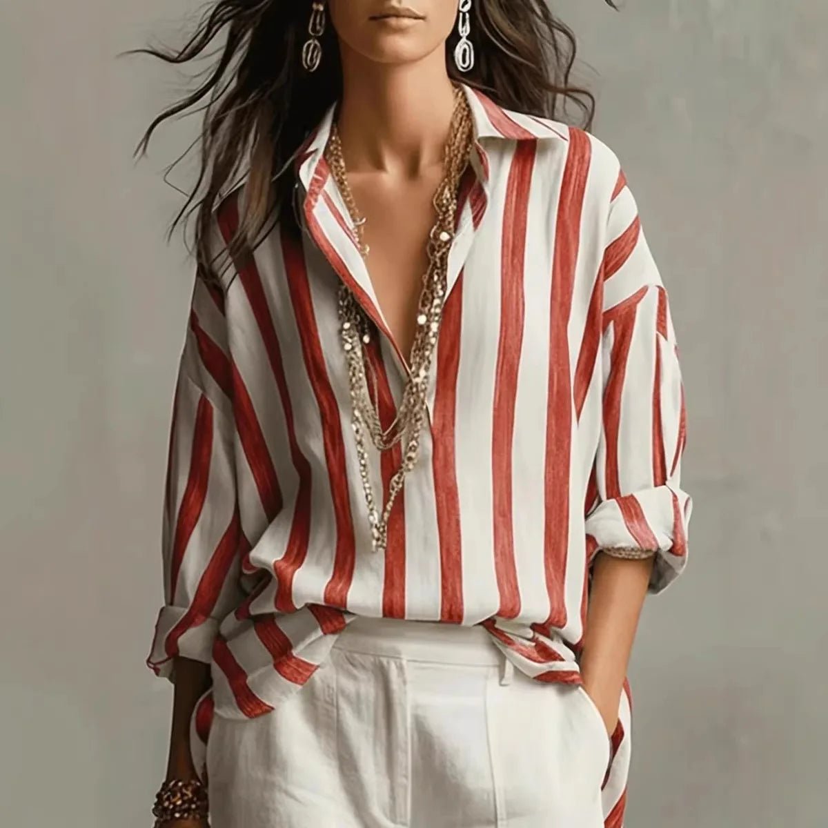 Effortless Striped Blouse for Women with Collar Long Sleeve Relaxed Oversized Casual Style
