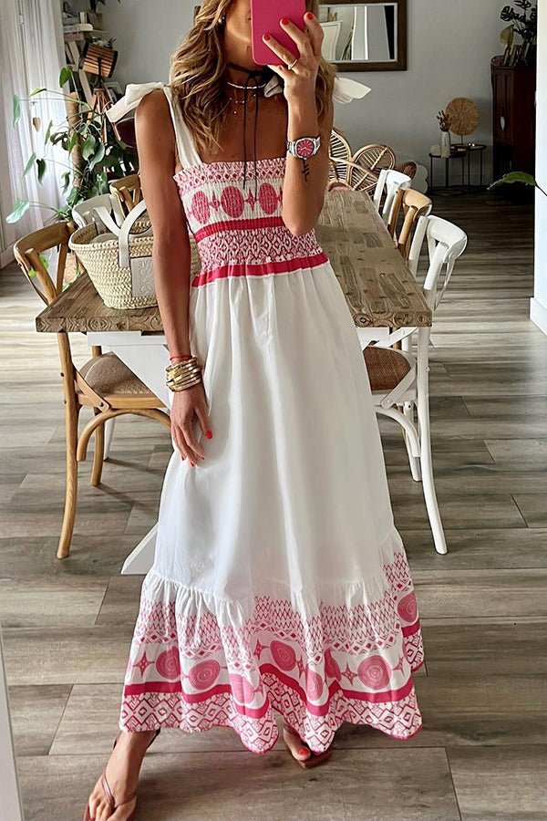 Effortless White Border Print Maxi Dress for Women with Square Neck Tie Strap Smocked Tiered Bohemian Style