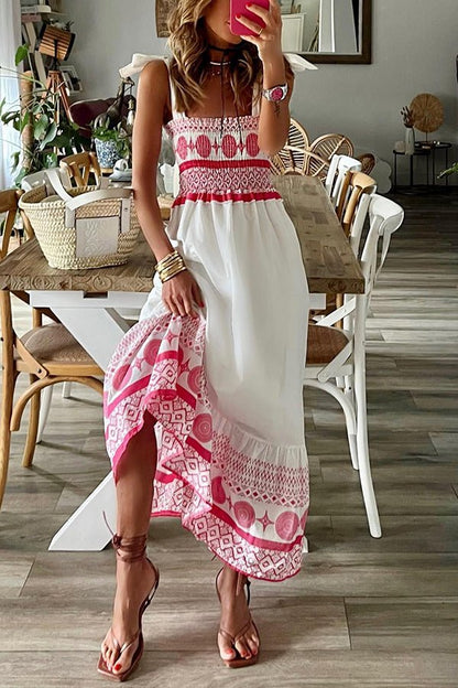 Effortless White Border Print Maxi Dress for Women with Square Neck Tie Strap Smocked Tiered Bohemian Style