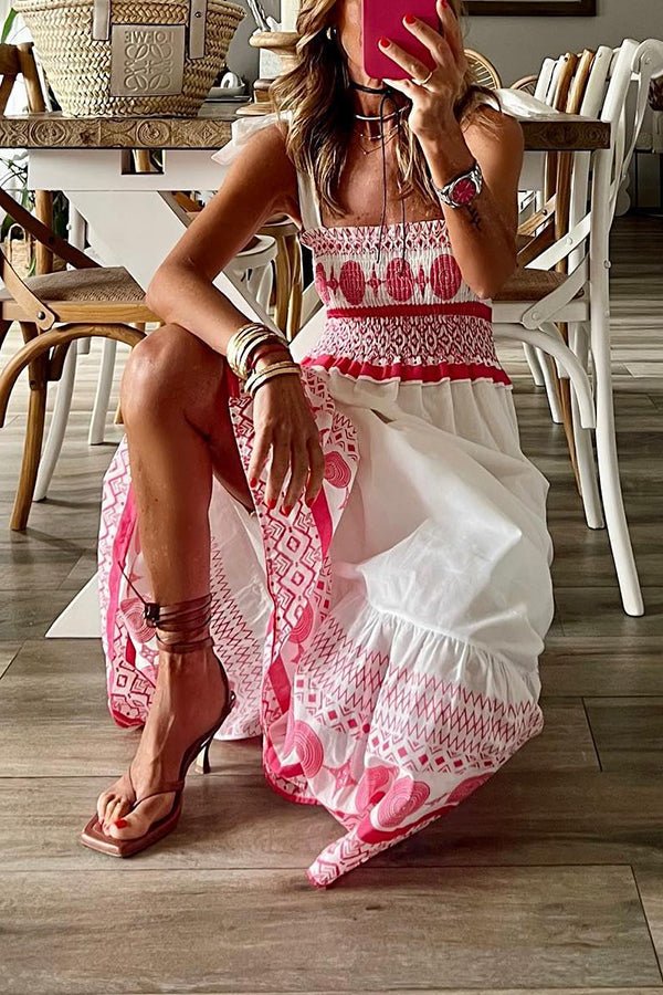 Effortless White Border Print Maxi Dress for Women with Square Neck Tie Strap Smocked Tiered Bohemian Style