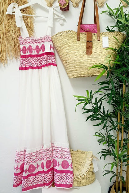Effortless White Border Print Maxi Dress for Women with Square Neck Tie Strap Smocked Tiered Bohemian Style
