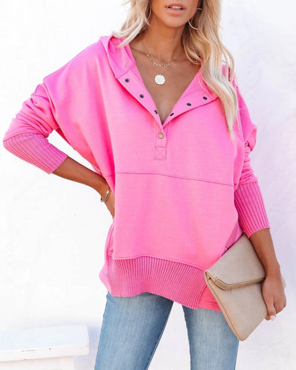 Effortless Snap Button Hoodie for Women with Long Sleeve Ribbed Cuff High Low Relaxed Style
