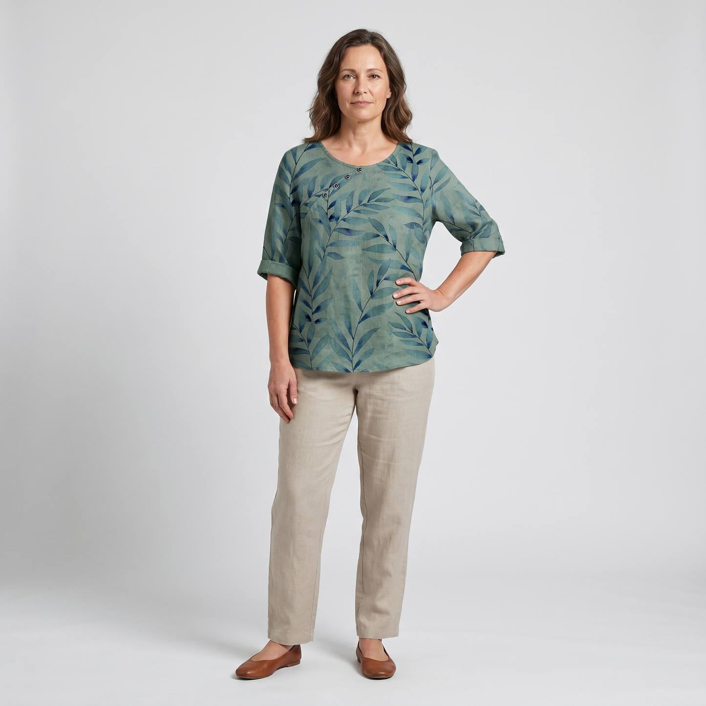 Effortless Leaf Print Linen Blouse for Women with Round Neck Elbow Sleeve Button Placket Relaxed Style