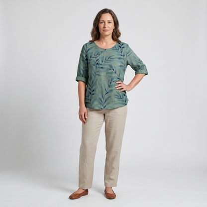 Effortless Leaf Print Linen Blouse for Women with Round Neck Elbow Sleeve Button Placket Relaxed Style