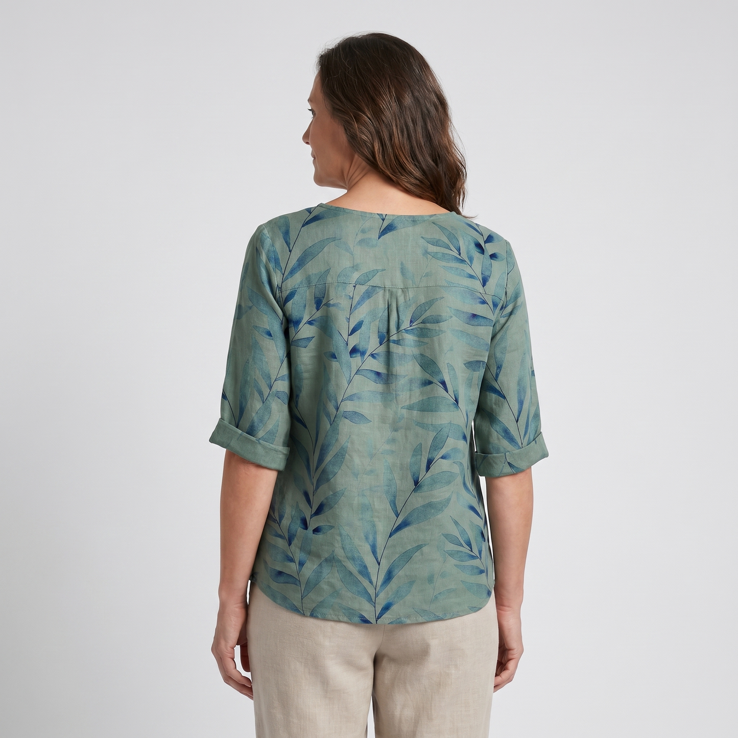 Effortless Leaf Print Linen Blouse for Women with Round Neck Elbow Sleeve Button Placket Relaxed Style