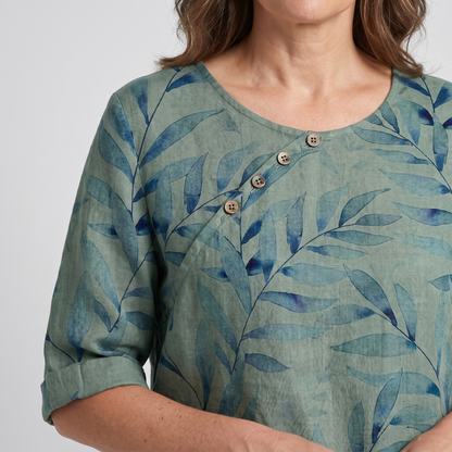 Effortless Leaf Print Linen Blouse for Women with Round Neck Elbow Sleeve Button Placket Relaxed Style