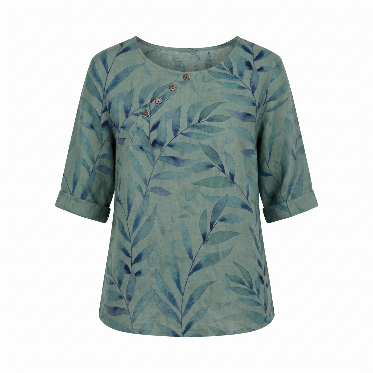 Effortless Leaf Print Linen Blouse for Women with Round Neck Elbow Sleeve Button Placket Relaxed Style