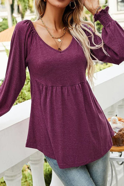 Effortless Babydoll Tunic for Women with V Neck Long Sleeve Smocked Cuff Flowing Style