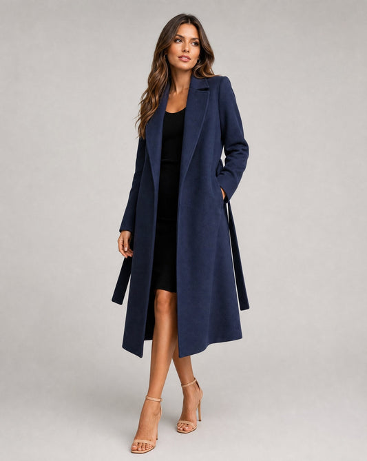 Elegant Navy Wool Coat for Women with Notch Lapel Long Sleeve Belted Wrap Tailored Style