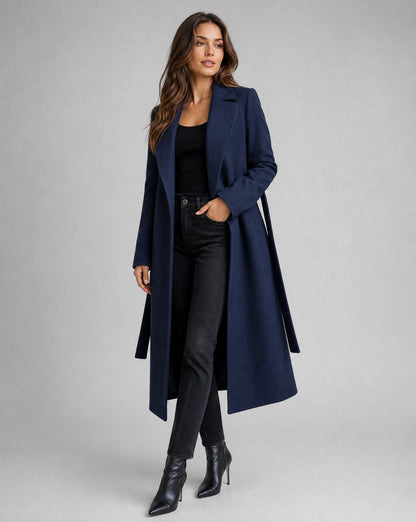 Elegant Navy Wool Coat for Women with Notch Lapel Long Sleeve Belted Wrap Tailored Style