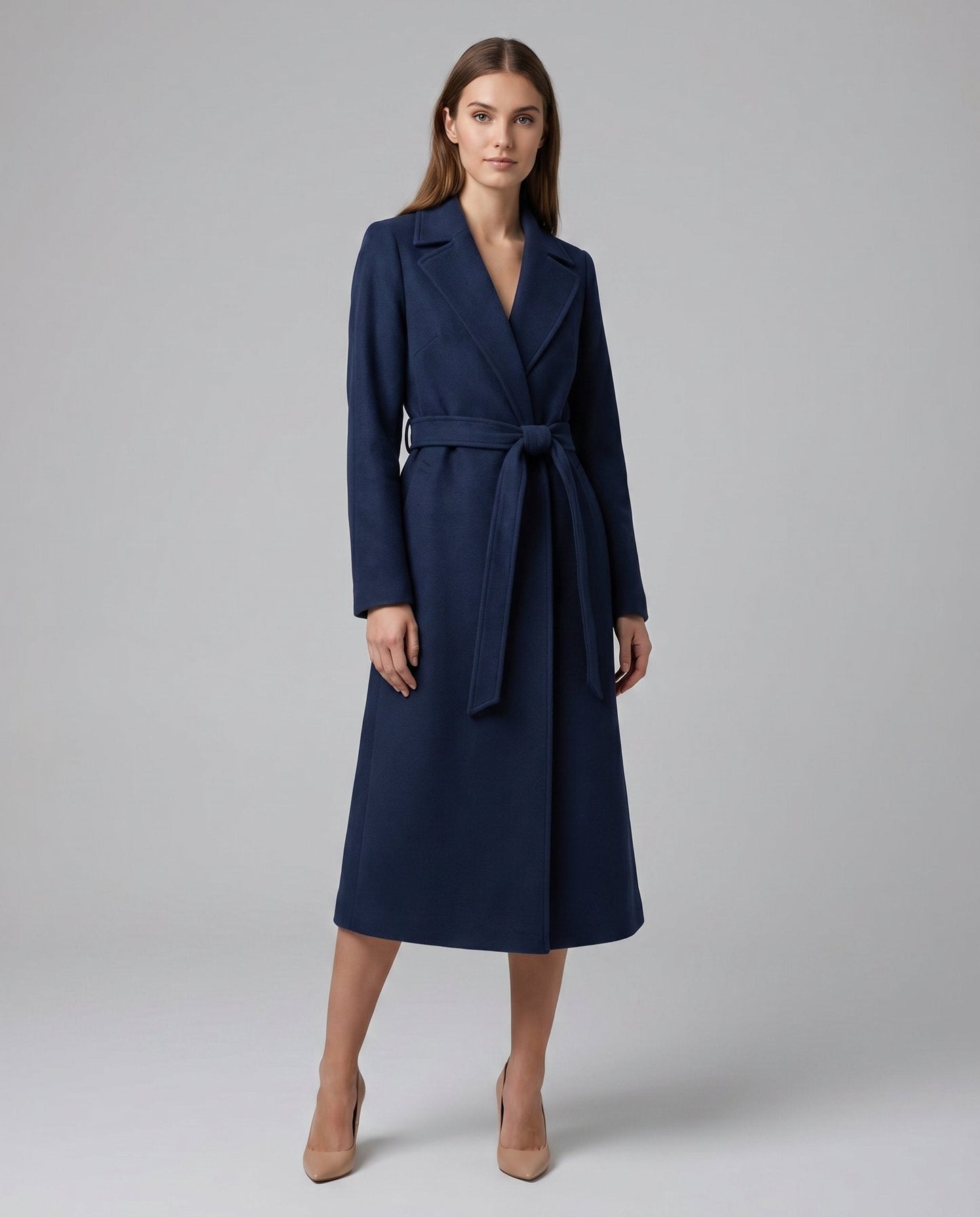 Elegant Navy Wool Coat for Women with Notch Lapel Long Sleeve Belted Wrap Tailored Style