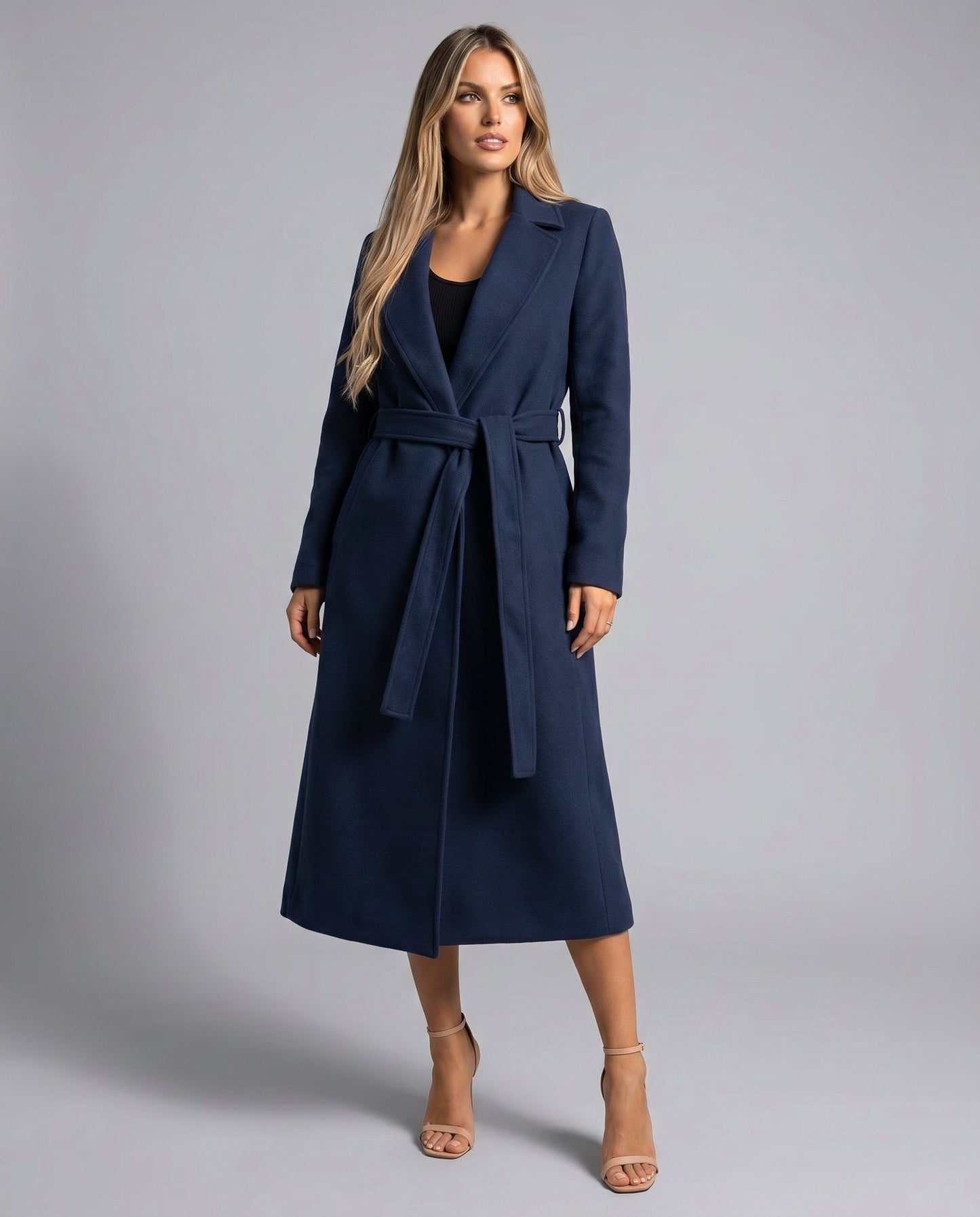 Elegant Navy Wool Coat for Women with Notch Lapel Long Sleeve Belted Wrap Tailored Style