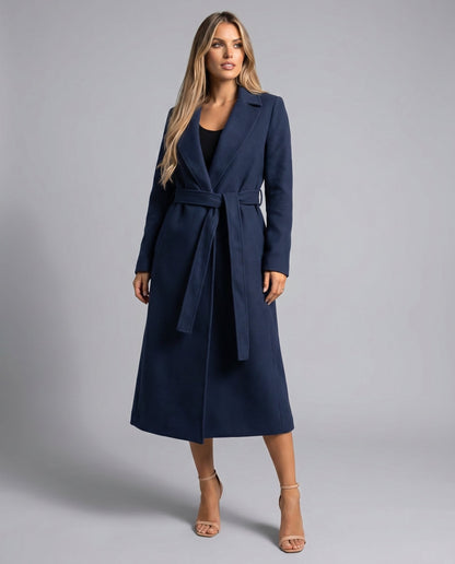 Elegant Navy Wool Coat for Women with Notch Lapel Long Sleeve Belted Wrap Tailored Style