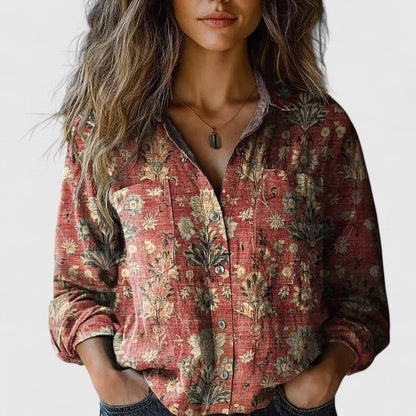 Effortless Printed Blouse for Women with Collar Long Sleeve Button Front Relaxed Style