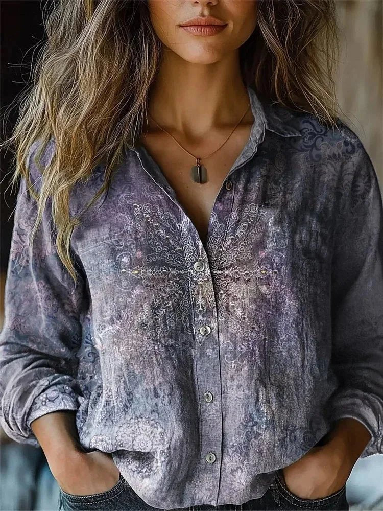 Effortless Printed Blouse for Women with Collar Long Sleeve Button Front Relaxed Style