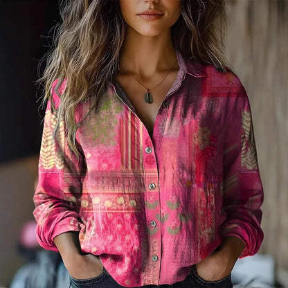 Effortless Printed Blouse for Women with Collar Long Sleeve Button Front Relaxed Style