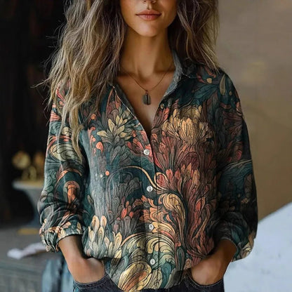 Effortless Printed Blouse for Women with Collar Long Sleeve Button Front Relaxed Style