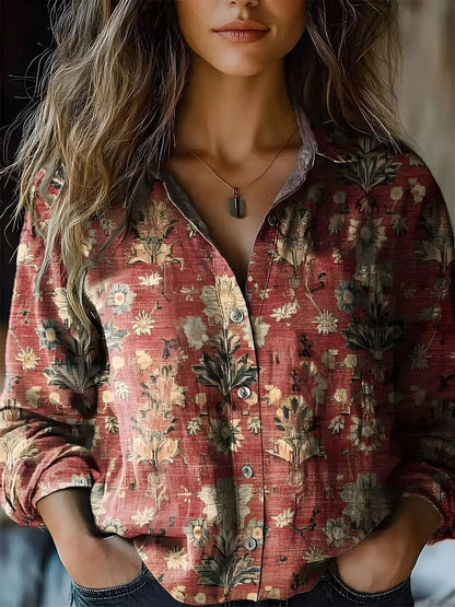 Effortless Printed Blouse for Women with Collar Long Sleeve Button Front Relaxed Style