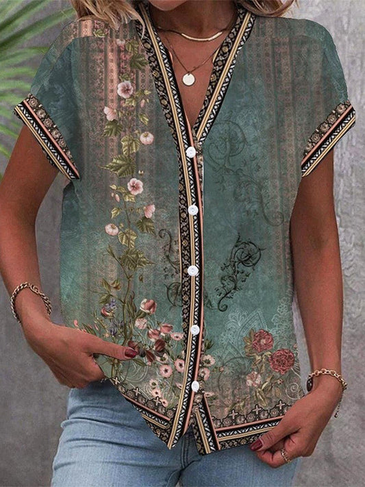 Elegant Green Floral Print Blouse for Women with V Neck Short Sleeve Button Front Bohemian Style