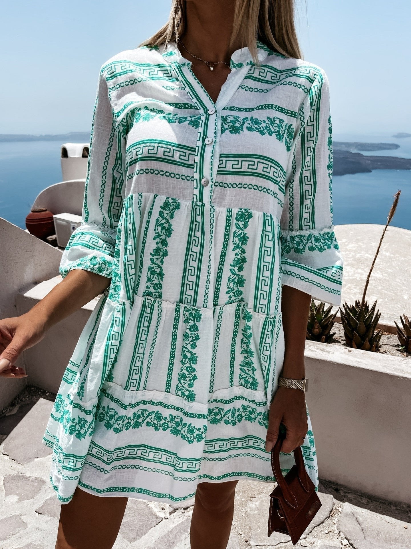 Effortless Tiered Print Mini Dress for Women with V Neck Bell Sleeve Button Front Boho Style