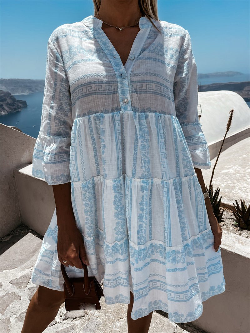 Effortless Tiered Print Mini Dress for Women with V Neck Bell Sleeve Button Front Boho Style