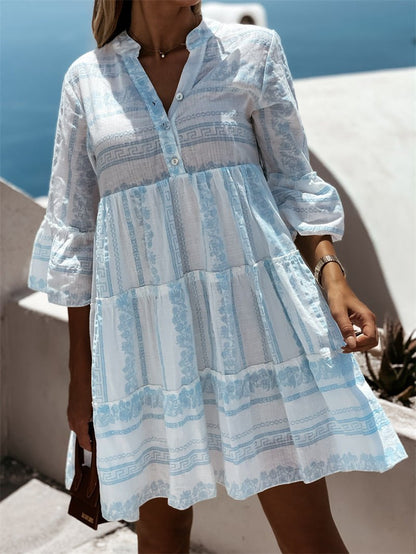 Effortless Tiered Print Mini Dress for Women with V Neck Bell Sleeve Button Front Boho Style