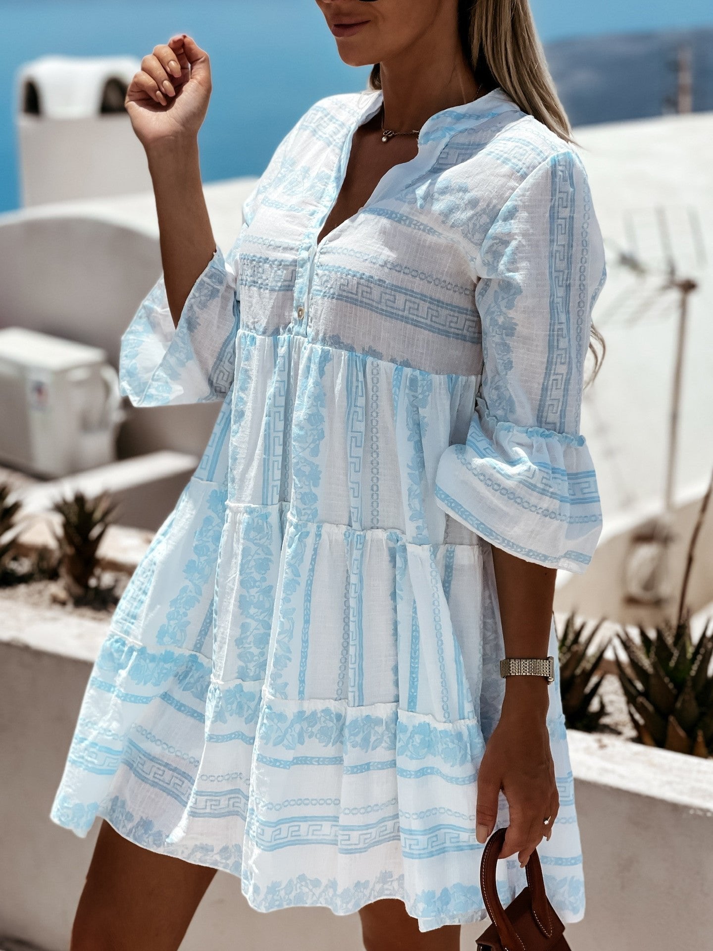 Effortless Tiered Print Mini Dress for Women with V Neck Bell Sleeve Button Front Boho Style