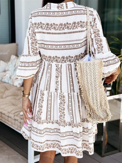 Effortless Tiered Print Mini Dress for Women with V Neck Bell Sleeve Button Front Boho Style