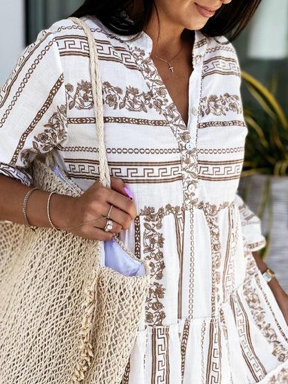 Effortless Tiered Print Mini Dress for Women with V Neck Bell Sleeve Button Front Boho Style