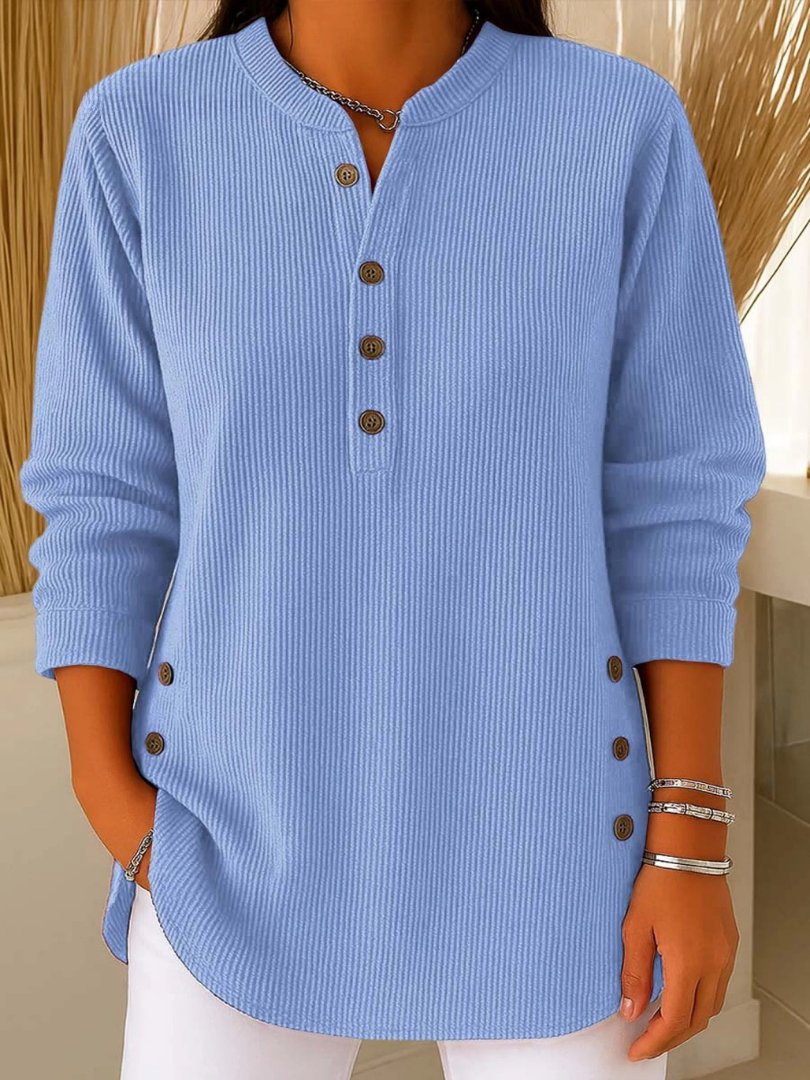 Effortless Ribbed Knit Tunic for Women with Split Neck Long Sleeve Button Side Slit Relaxed Style