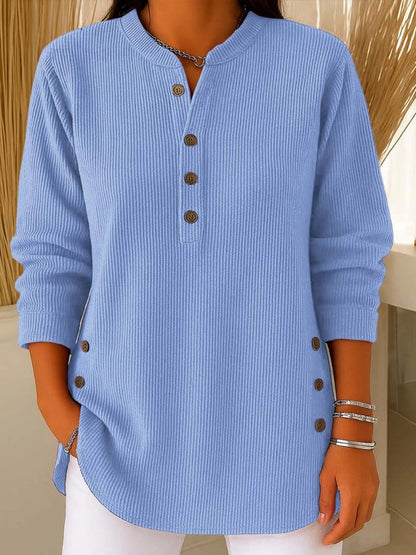 Effortless Ribbed Knit Tunic for Women with Split Neck Long Sleeve Button Side Slit Relaxed Style