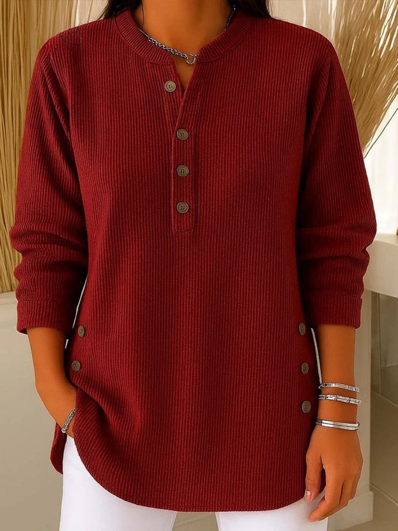 Effortless Ribbed Knit Tunic for Women with Split Neck Long Sleeve Button Side Slit Relaxed Style