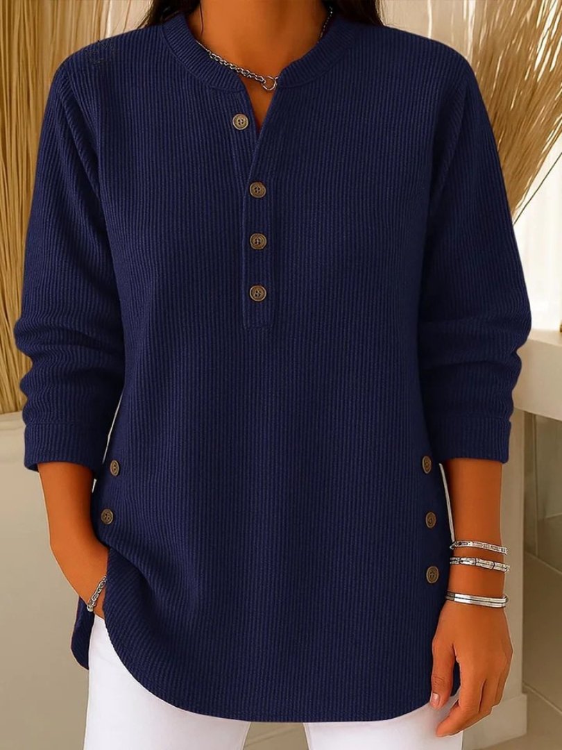 Effortless Ribbed Knit Tunic for Women with Split Neck Long Sleeve Button Side Slit Relaxed Style
