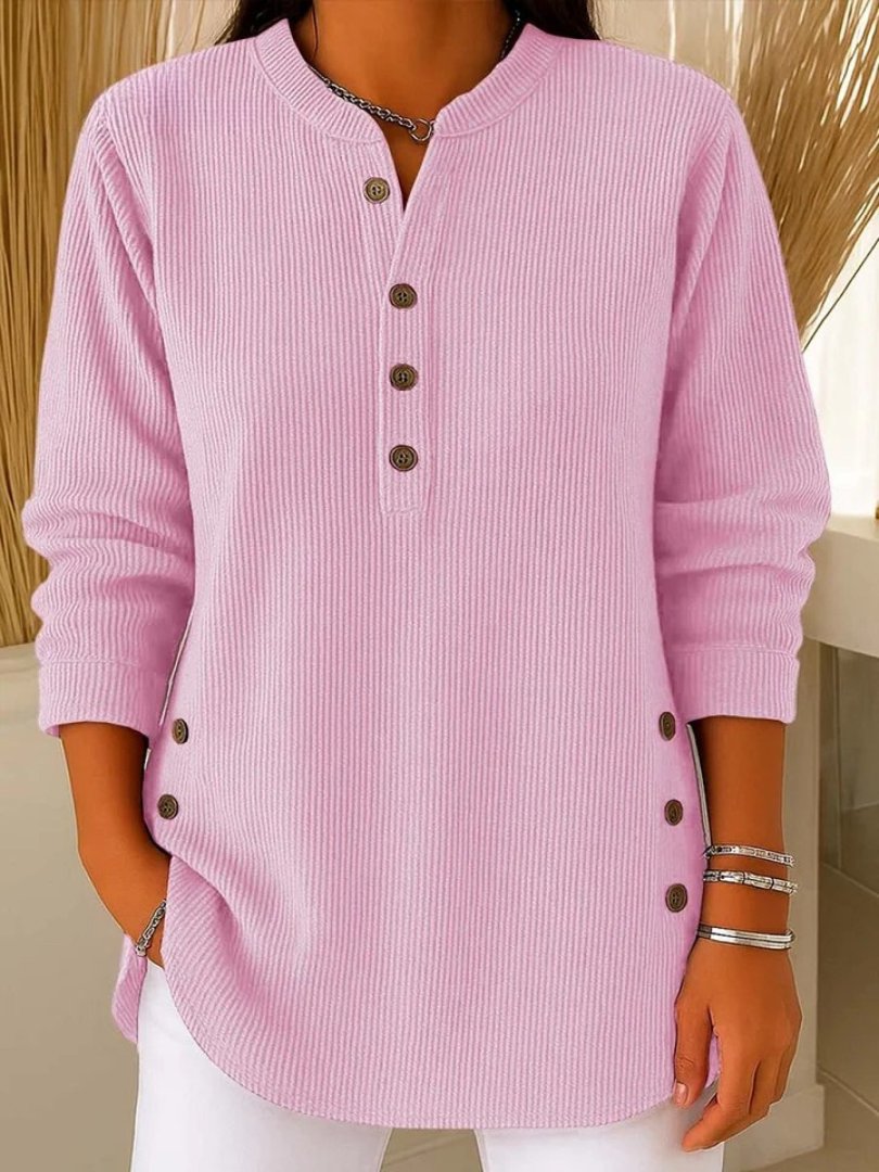 Effortless Ribbed Knit Tunic for Women with Split Neck Long Sleeve Button Side Slit Relaxed Style