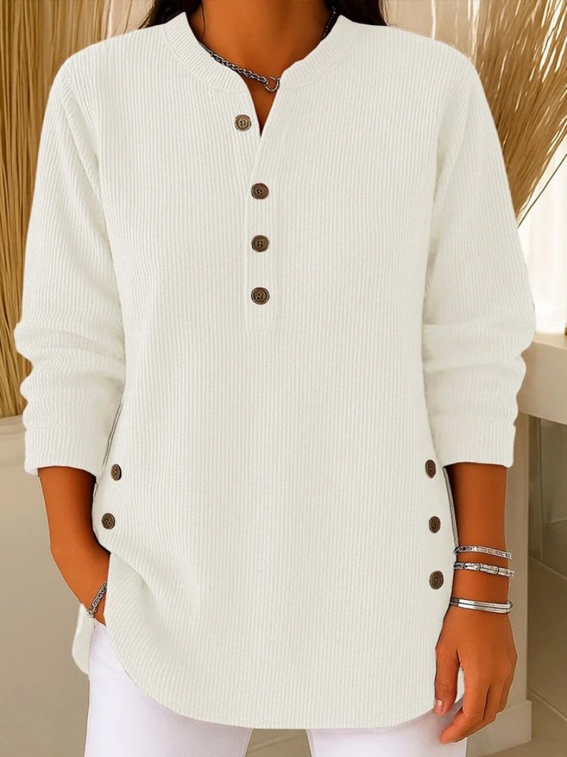 Effortless Ribbed Knit Tunic for Women with Split Neck Long Sleeve Button Side Slit Relaxed Style