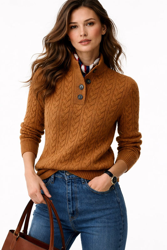 Comfortable Cable Knit Sweater for Women with Mock Neck Button Placket Long Sleeve Relaxed Oversized Style