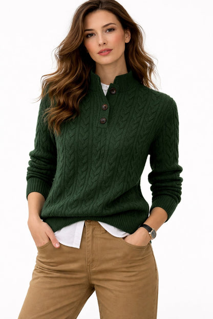 Comfortable Cable Knit Sweater for Women with Mock Neck Button Placket Long Sleeve Relaxed Oversized Style