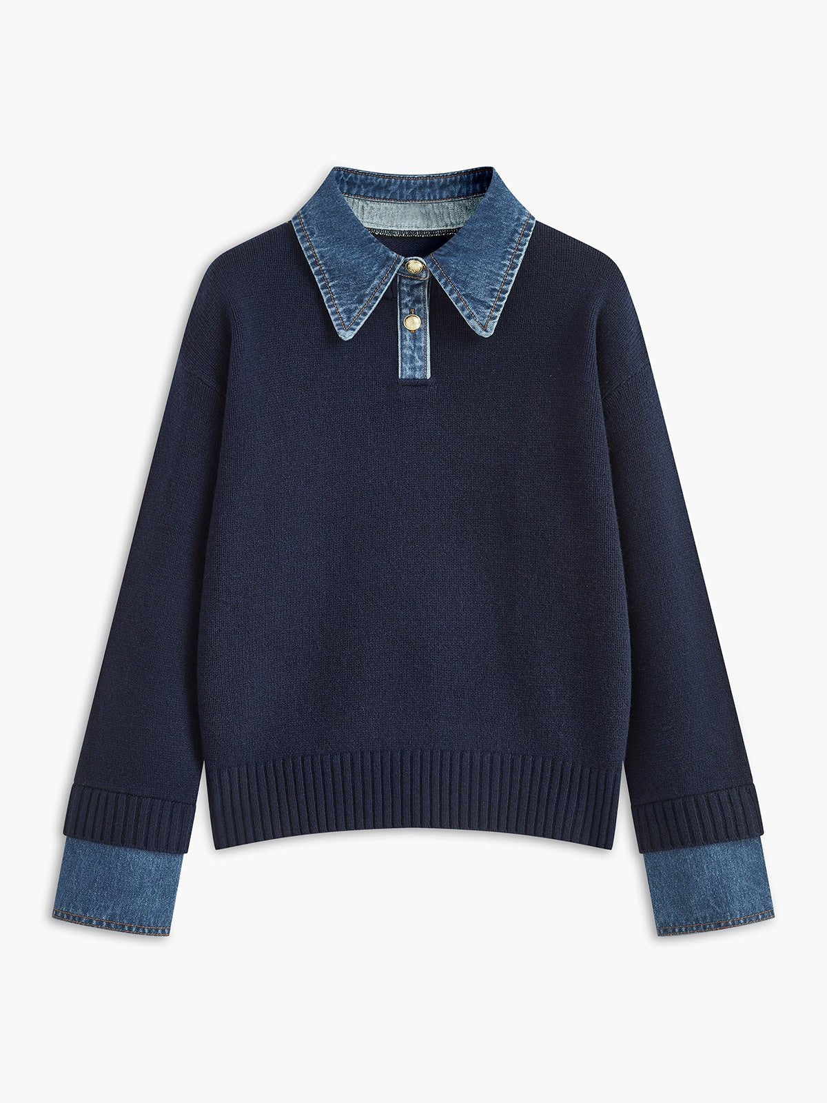 Comfortable Denim Trim Polo Sweater for Women with Collar Long Sleeve Relaxed Oversized Knit Style