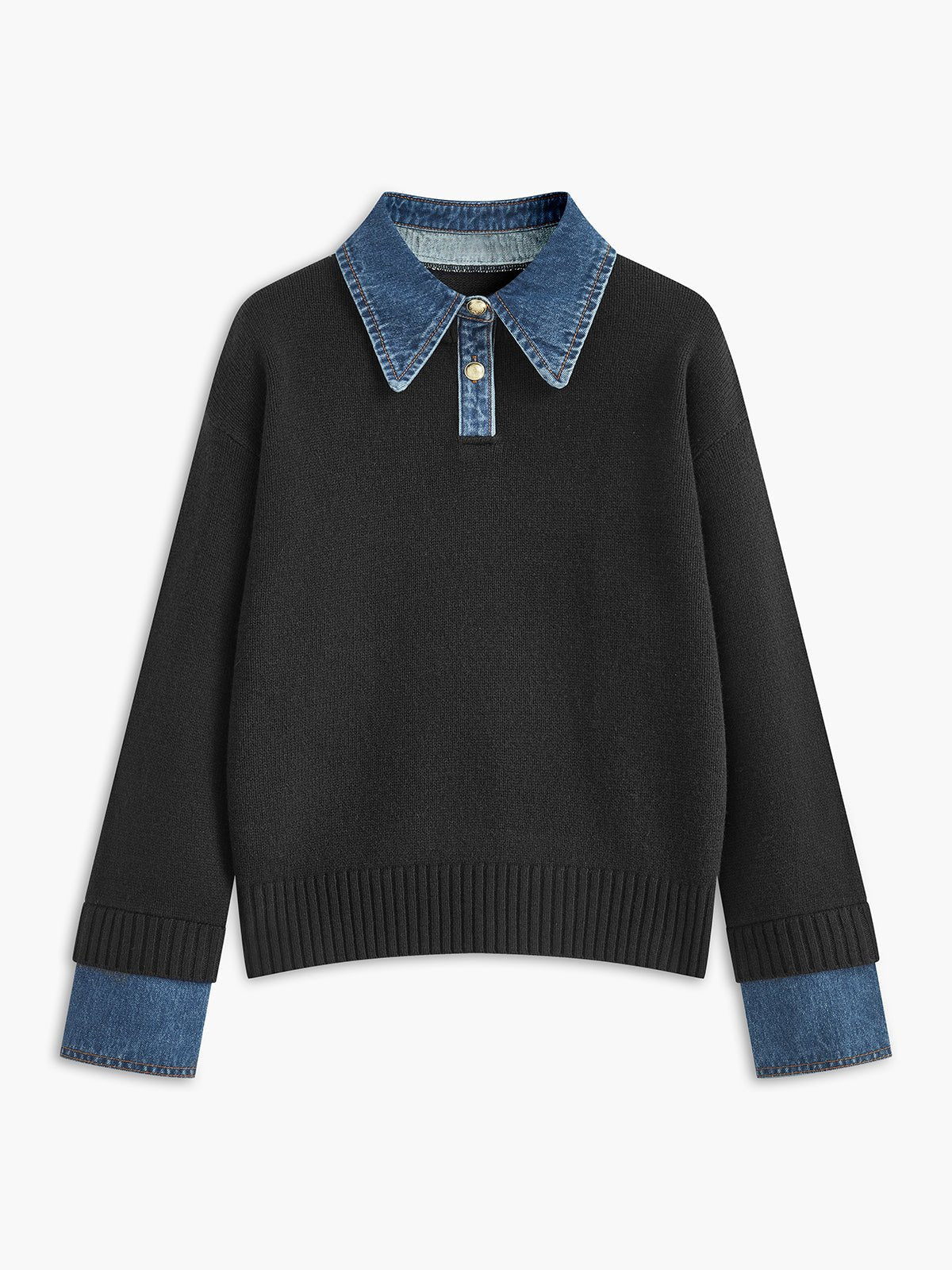 Comfortable Denim Trim Polo Sweater for Women with Collar Long Sleeve Relaxed Oversized Knit Style