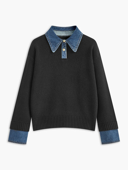 Comfortable Denim Trim Polo Sweater for Women with Collar Long Sleeve Relaxed Oversized Knit Style