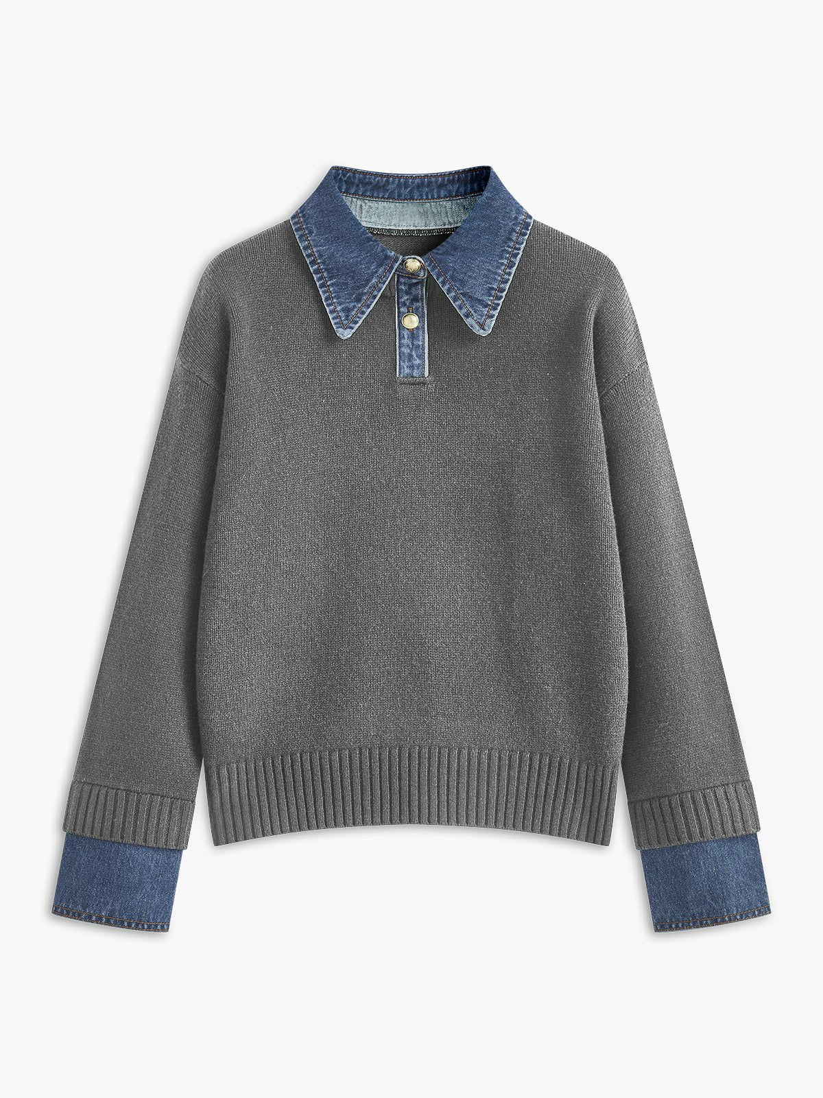 Comfortable Denim Trim Polo Sweater for Women with Collar Long Sleeve Relaxed Oversized Knit Style